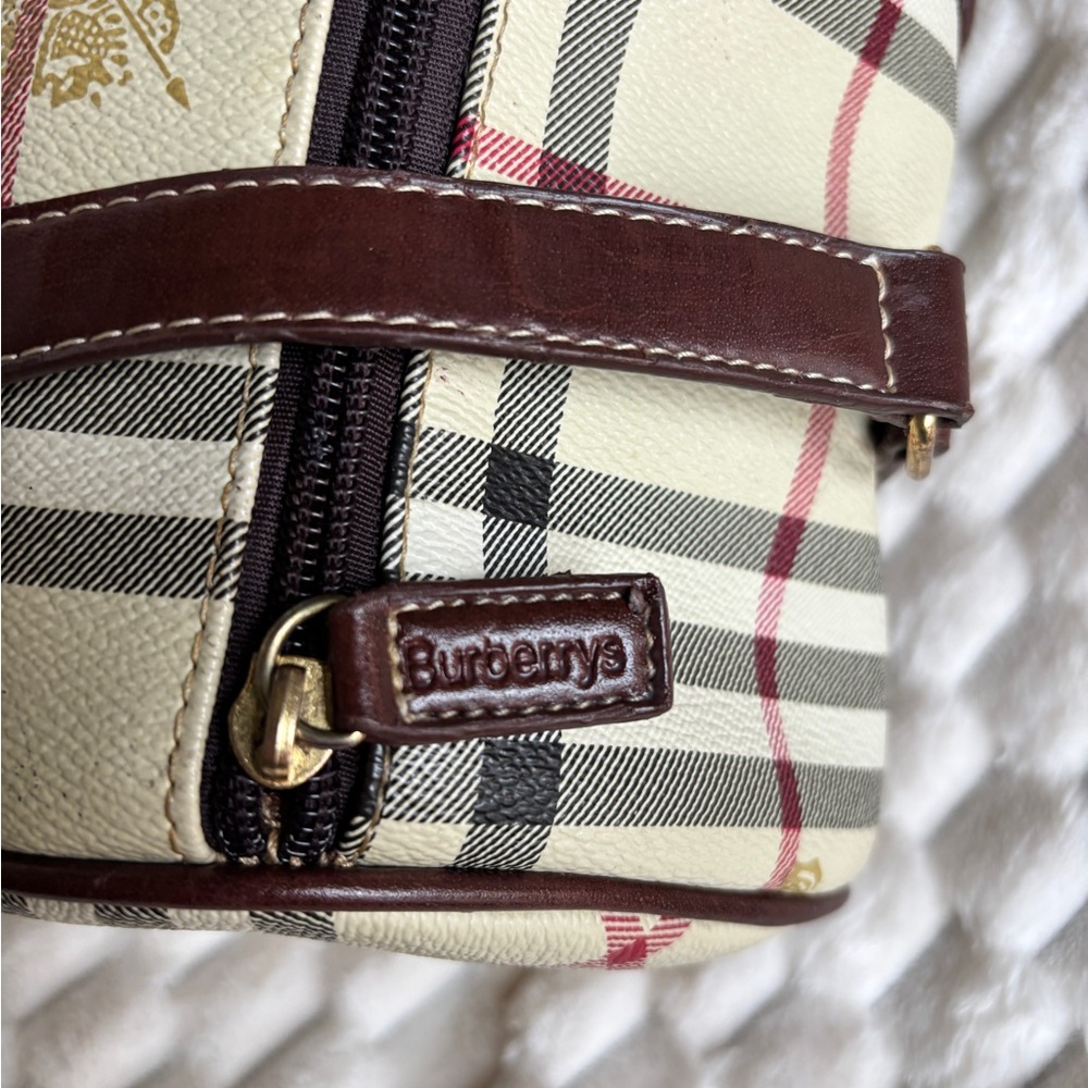 Vintage Burberrys Nova Check Barrel Bag Beige Tan Leather Equestrian Logo - Picture 9 of 14